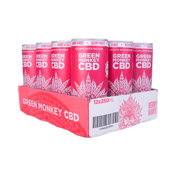 12 x Green Monkey 10mg CBD Berry Burst Sparkling Drink 250ml (BUY 1 GET 1 FREE)