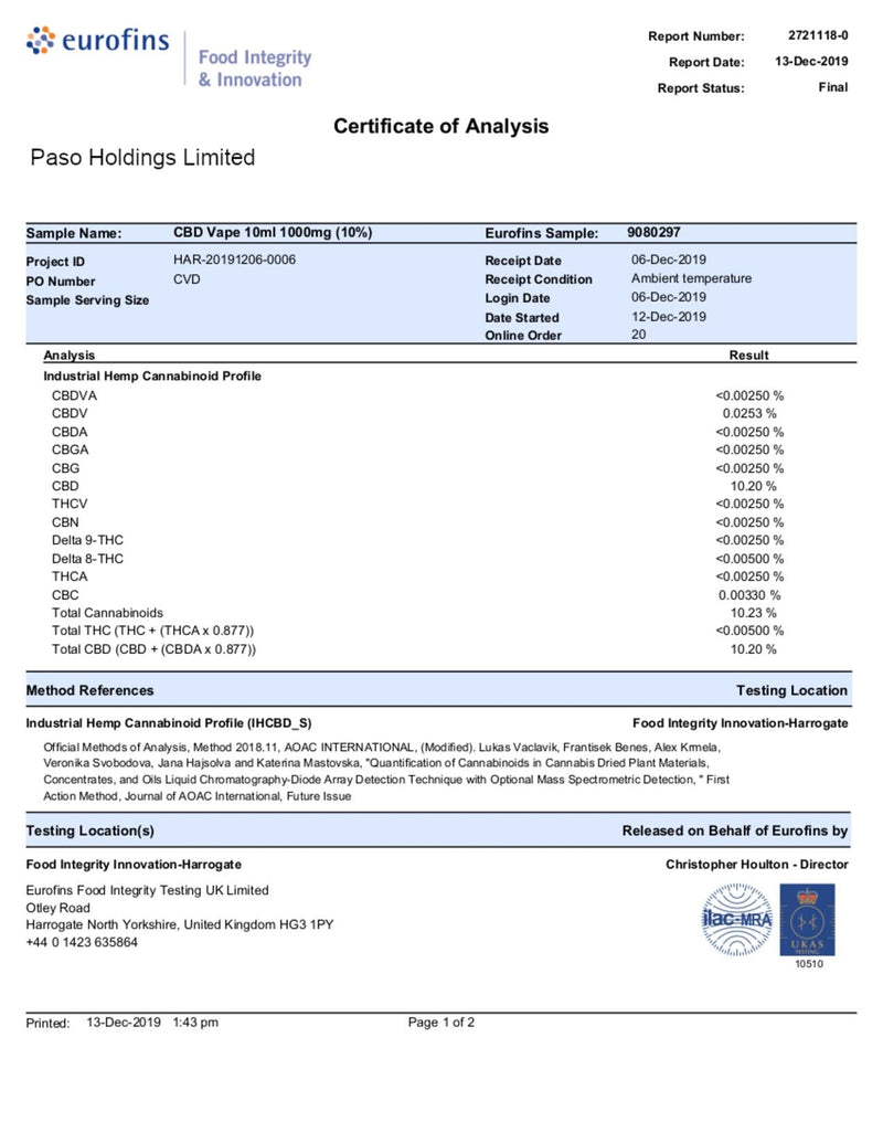 Paso 1000mg CBD Vaping Liquid 10ml (70PG/30VG)